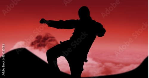 Composition of silhouette of male martial artist over red sky with sun setting