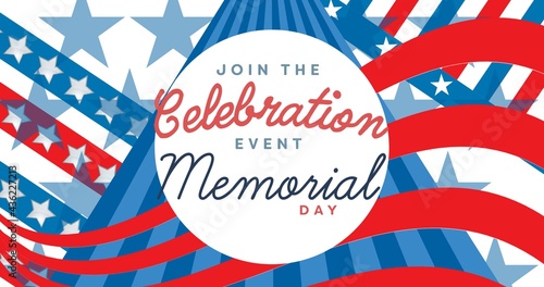 Composition of join the celebration event memorial day text with american flag pattern