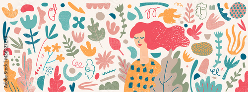 Vector set of cute hand drawn collage elements, flowers, leaves. Spring, summer collection. Dreamy woman. Nature design, print, poster
