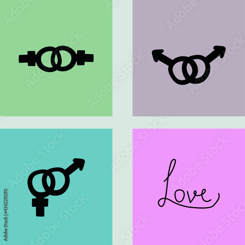 Vector illustration. Sex symbol set. Lesbian, gay, heterosexual symbol. The image has the inscription "love". Can be used to create content for Valentine's Day, to create banners, postcards,
