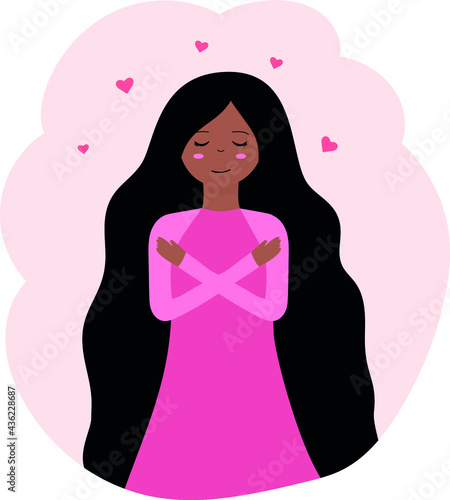 Vector illustration. A cute dark-skinned girl hugs herself. It can be used for postcards, banners.
