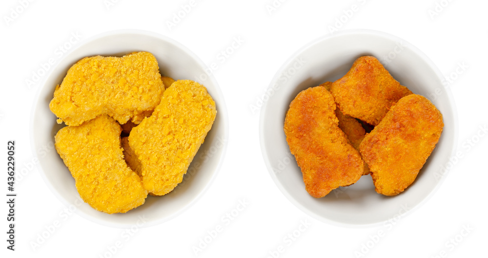 Prefried and deepfried vegan nuggets, in white bowls. Vegan nuggets