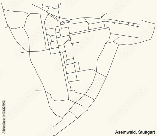 Black simple detailed street roads map on vintage beige background of the quarter Asemwald of district Plieningen of Stuttgart, Germany photo