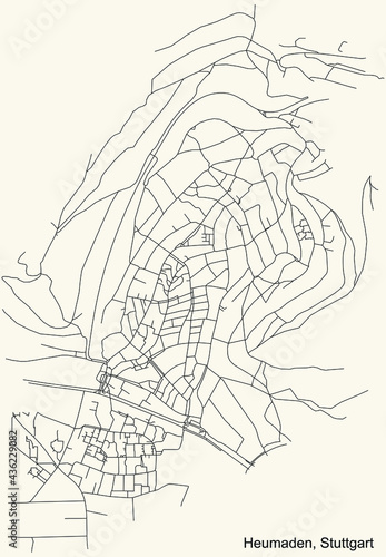 Black simple detailed street roads map on vintage beige background of the quarter Heumaden of district Sillenbuch of Stuttgart, Germany