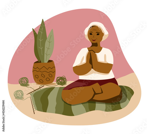 Elderly dark woman home workout in yoga lotus position. Self care meditation in home with knitting hobby near.  Cute old lady with her hobby and plant illustration sitting on knitted rug