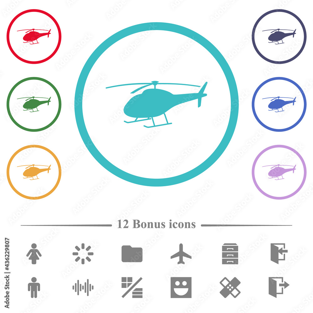 Helicopter silhouette flat color icons in circle shape outlines