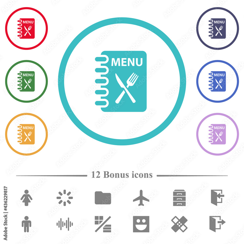 Menu with fork and knife flat color icons in circle shape outlines