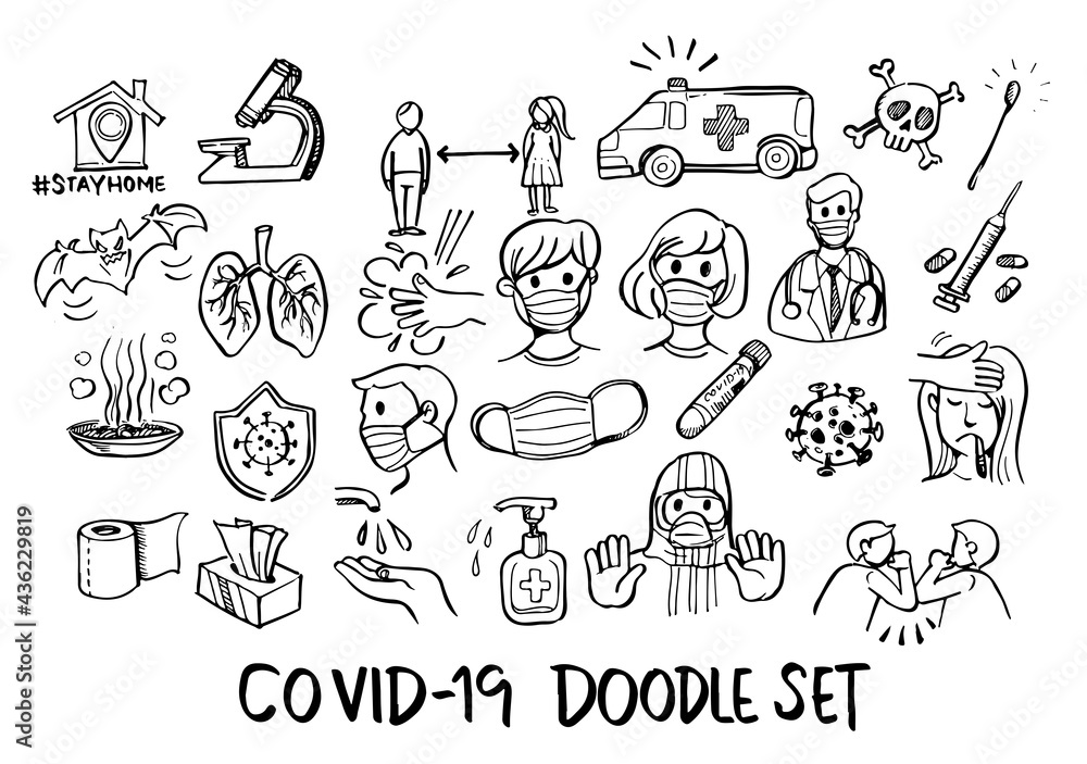 Set of Doodle Covid-19 Hand drawn Sketch line vector illustration