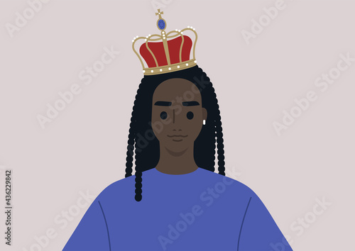 A young female Black character wearing a vintage golden crown with pearls and velvet, a royal family theme