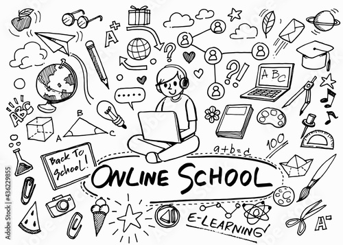 Set of Doodle Online School Hand drawn, Educations Set elements for your design,educations tools.-Vector illustration