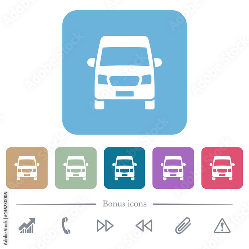 Van front view flat icons on color rounded square backgrounds