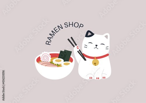 A ramen shop logo, a cute Maneki Neko cat holding wooden chopsticks, Asian restaurant design
