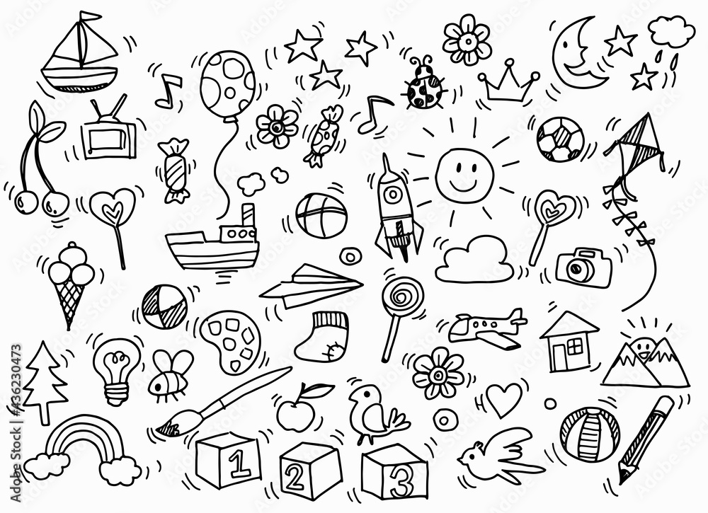 Vector illustration of Doodle cute for kid, Hand drawn set of cute doodles for decoration on white background,Funny Doodle Hand 