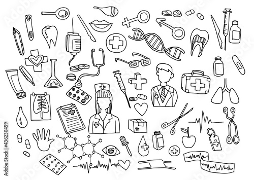 A set of hand drawn Healthcare doodles,medical cartoon icons collection.-Vector illustrations
