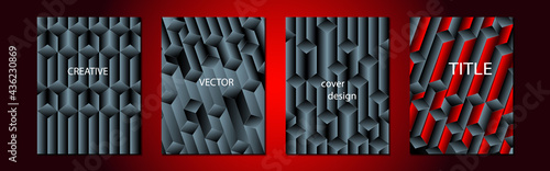 Set of abstract backgrounds with volumetric geometric shapes in gray and bright red colors