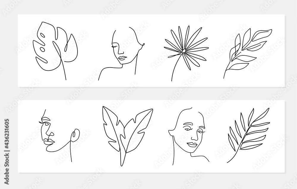 Vector line style portrait. Leaf with female