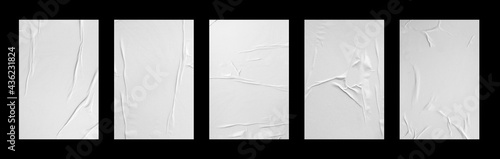 Canvastavla white crumpled and creased glued paper poster set isolated on black background