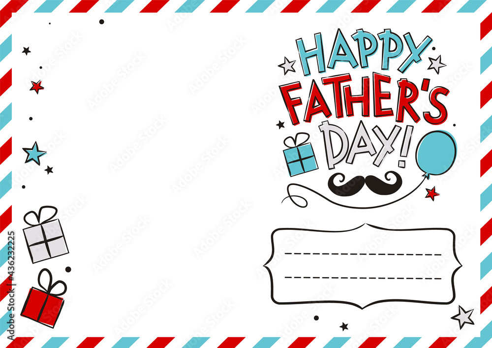 Happy Father's Day postcard with balloon and gift boxes. Cute greeting card with stars and mustache. Hand drawn envelope. Vector festive illustration Happy Father's Day postcard with balloon and gift boxes. Cute greeting card with stars and mustache. Hand drawn envelope. Vector festive illustration