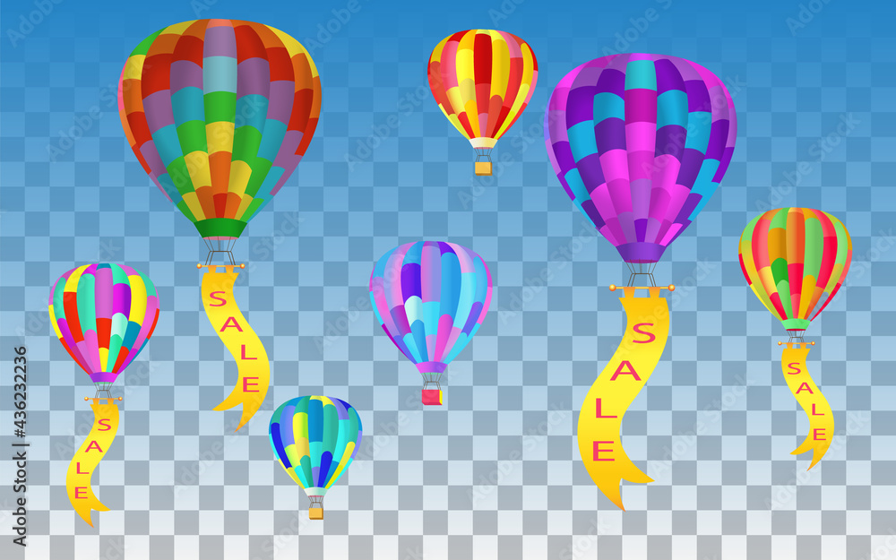 Sale banner template design with colorful balloons / hot air balloons on translucent sky background