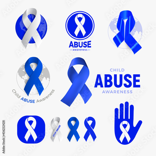 Child abuse awareness icon set, blue ribbon collection, domestic violence campaign symbol, children problem emblem, vector illustration.