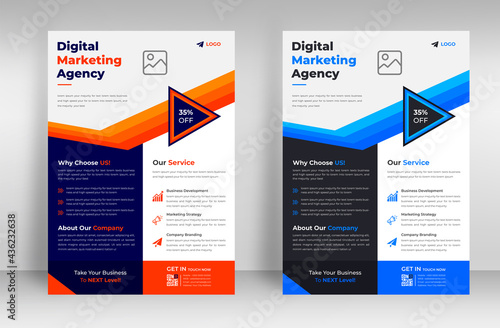 Corporate business flyer template design set with blue and orange color. marketing, business proposal, promotion, advertise, publication, cover page. digital marketing agency flyer design.