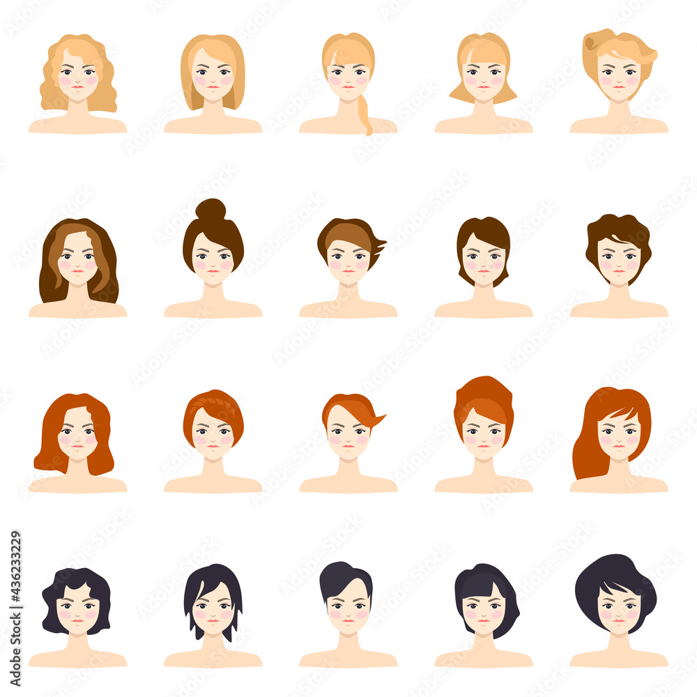 Female portraits with different hair styles, avatar set isolated on white, flat design, vector illustration Female portraits with different hair styles, avatar set isolated on white, flat design, vector illustration