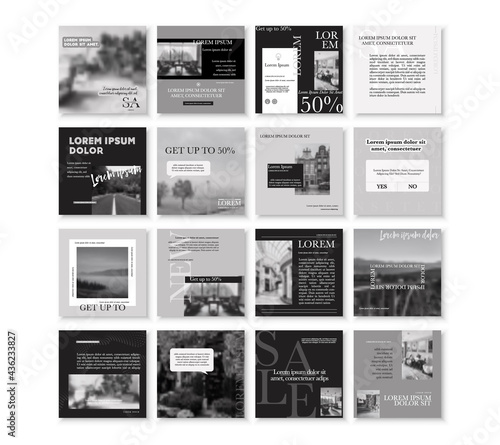 Social media pack Posts for internet content, site for Bloggers, Fashion, ad, Lifestyle brands, Creative businesses blog. Set square Presentation templates. trendy website slider frames. White black