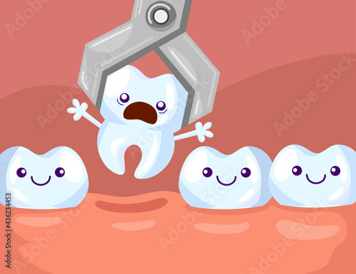 Tooth removal cartoon vector illustration. Dental forceps pulling surprised tooth out of row of happy healthy teeth in pink background. Dental care, health, extraction concept for banner design