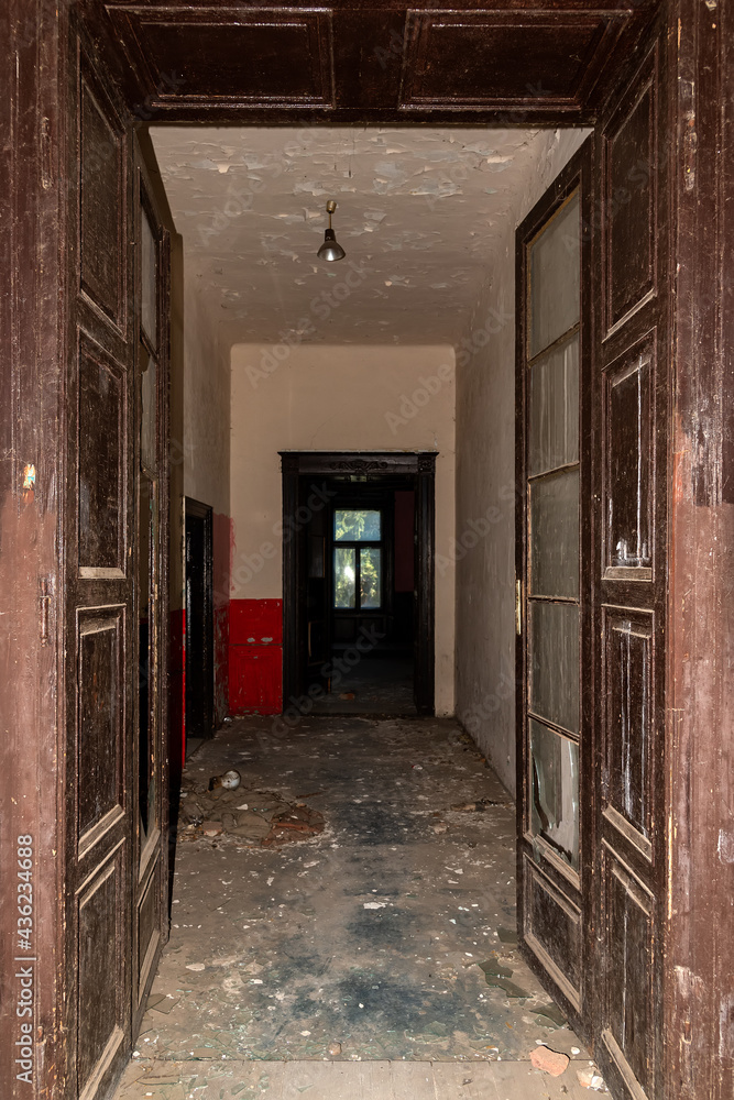 Bocar, Serbia - May 04, 2021: Interior of Hertelendi - Bajic Castle was built at the beginning of the 19th century in the style of classicism in the village Bocar. Bocar, Serbia - May 04, 2021: Interior of Hertelendi - Bajic Castle was built at the beginning of the 19th century in the style of classicism in the village Bocar.
