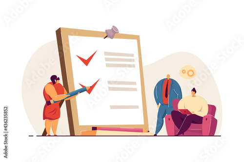 Tiny woman with pencil and checklist on clipboard. Completion of business tasks flat vector illustration. Business plan, marketing strategy concept for banner, website design or landing web page