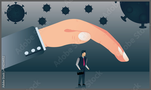 vector illustration of big hand protect businessman against new coronal pneumonia virus covid-19