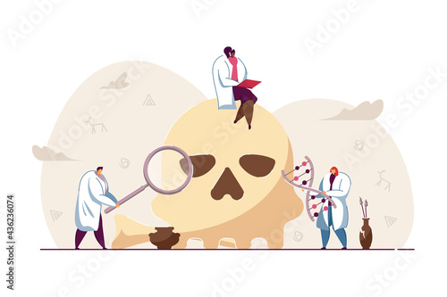 Tiny people studying prehistoric fossils and DNA. Woman sitting on Neanderthal skull flat vector illustration. Anthropology, sociology, museum concept for banner, website design or landing web page