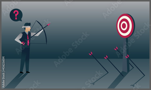 vector illustration of Blindfolded businessman shooting arrow. Missed the target