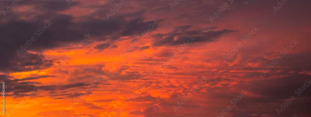 Beautiful dramatic sky. Sunset or sunrise time. Amazing purple clouds. Soft focus photo.