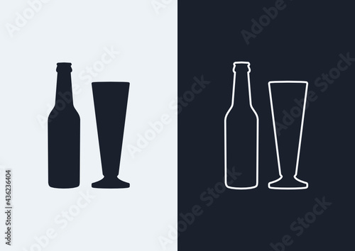 Beer bottle and footed pilsner glass icon. (Outlined and silhouette vector of beer bottle and footed pilsner glass)