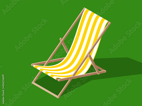 Vector isometric isolated illustration in cartoon style with no outline. Deck chair. Furniture for relaxing at the ocean shore or for sunbathing in the garden. Striped pattern cloth on wooden frame.