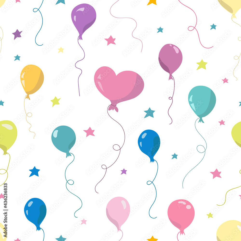 Seamless pattern with air balloons and stars. Hand drawn vector illustration. Seamless pattern for wallpapers, kids textile, cards, stationery, wrapping.