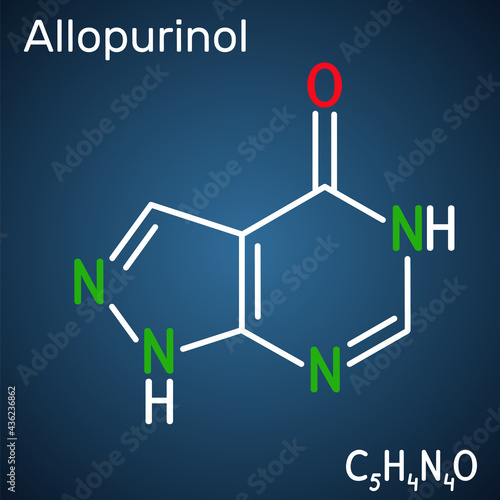 Allopurinol molecule. Drug is xanthine oxidase inhibitor, used to decrease high blood uric acid levels. Structural chemical formula on the dark blue background photo