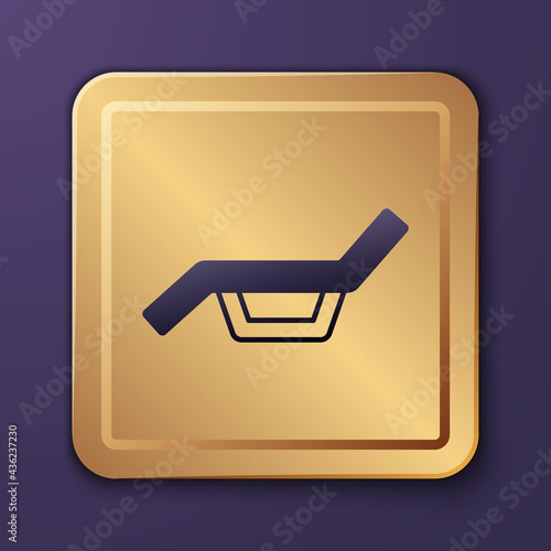Purple Sunbed icon isolated on purple background. Sun lounger. Gold square button. Vector