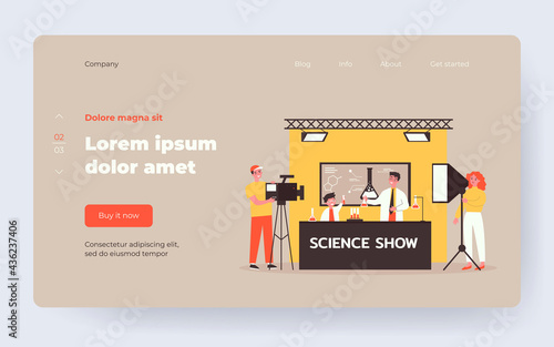 Man and boy shooting science show for children. Cameraman, flask, chemistry flat vector illustration. Entertainment and education concept for banner, website design or landing web page
