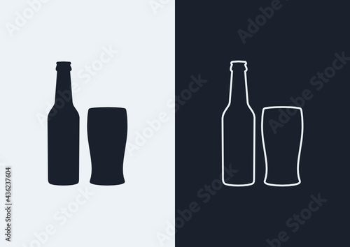 Beer bottle and tulip pint glass icon. (Outlined and silhouette vector of beer bottle and tulip pint glass)