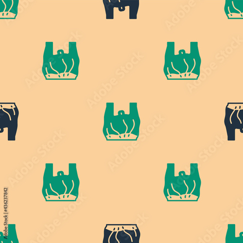Green and black Say no to plastic bags poster icon isolated seamless pattern on beige background. Disposable cellophane and polythene package prohibition sign. Vector