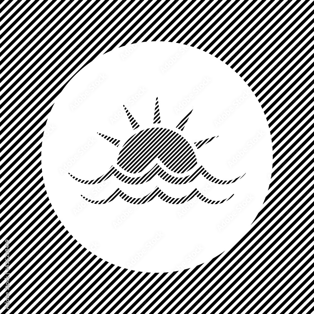 A large sunrise at sea symbol in the center as a hatch of black lines on a white circle. Interlaced effect. Seamless pattern with striped black and white diagonal slanted lines - obrazy, fototapety, plakaty 