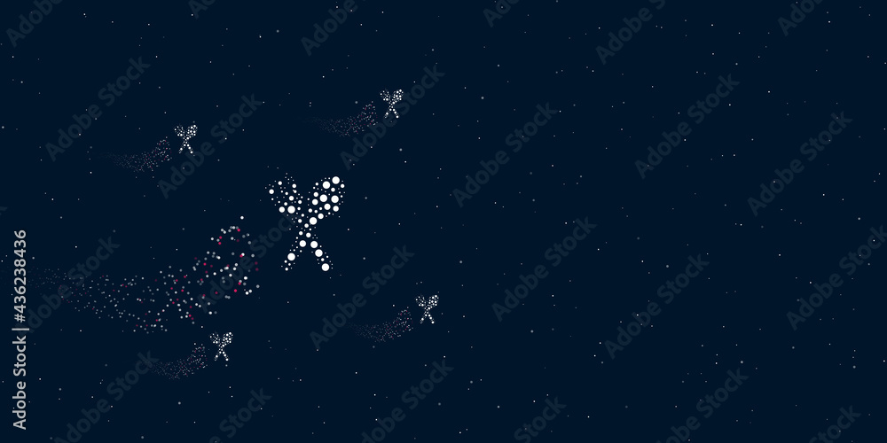 A dinner time symbol filled with dots flies through the stars leaving a trail behind. There are four small symbols around. Vector illustration on dark blue background with stars