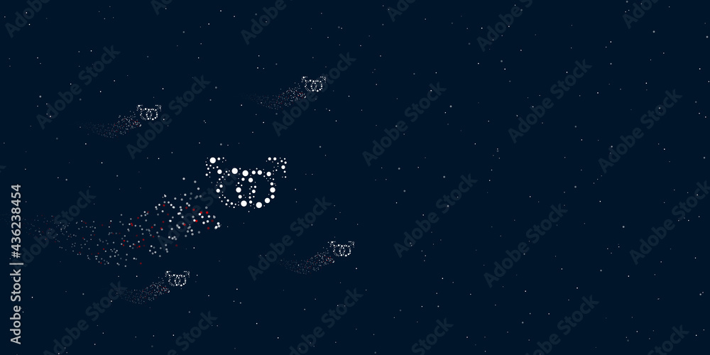 A homosexual symbol filled with dots flies through the stars leaving a trail behind. There are four small symbols around. Vector illustration on dark blue background with stars