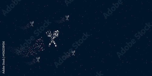 Fototapeta Naklejka Na Ścianę i Meble -  A dinner time symbol filled with dots flies through the stars leaving a trail behind. There are four small symbols around. Vector illustration on dark blue background with stars