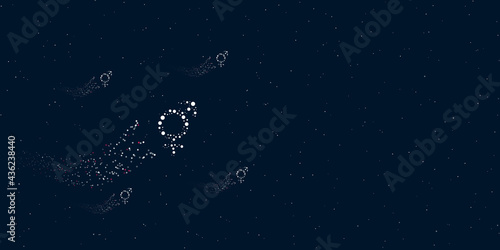 A bigender symbol filled with dots flies through the stars leaving a trail behind. Four small symbols around. Empty space for text on the right. Vector illustration on dark blue background with stars