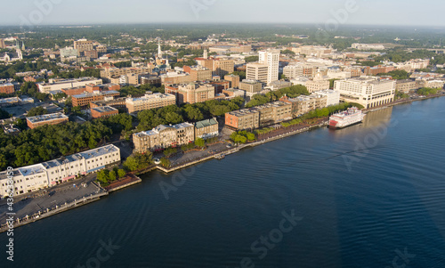 Aerial view of Savannah including River Street at sunrise.