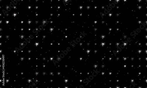 Seamless background pattern of evenly spaced white cosmic symbols of different sizes and opacity. Vector illustration on black background with stars