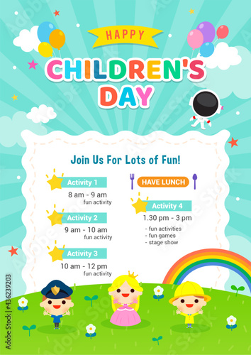 Happy Children's day Poster invitation vector. kids in spring meadow